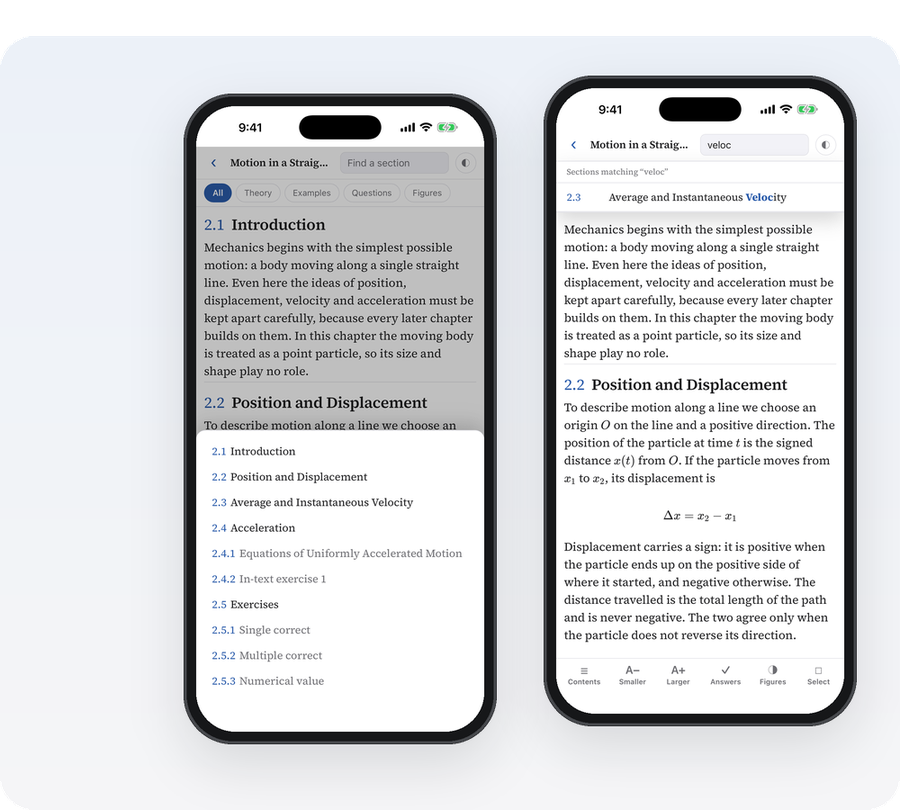 Contents and section search in the app
