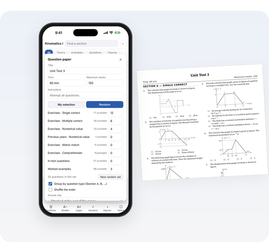 The question-paper panel in the app and the printed paper it makes
