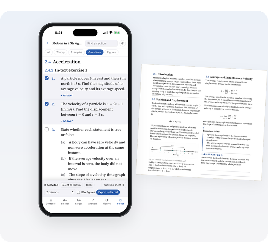 Selecting questions in the app and the exported two-column worksheet