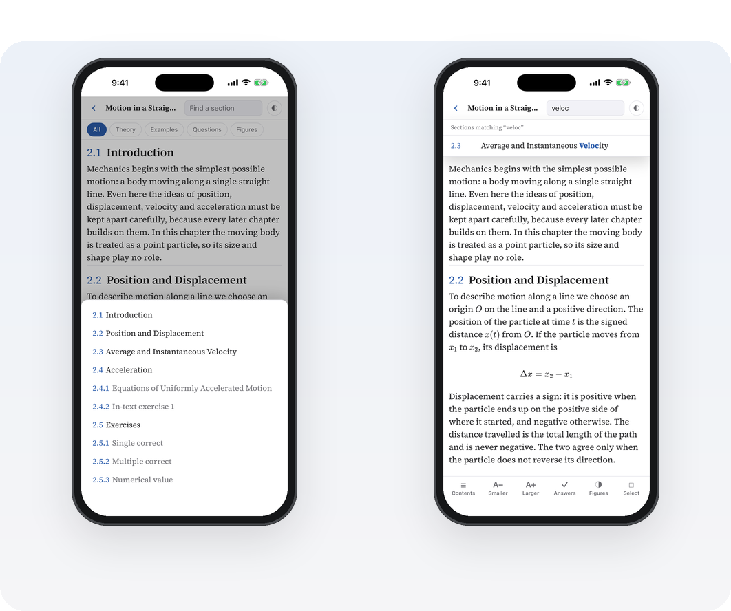 The contents sheet and the section search