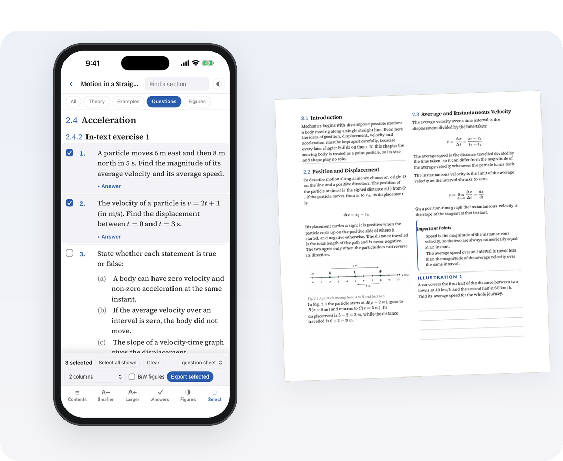 Selecting questions, and the exported worksheet