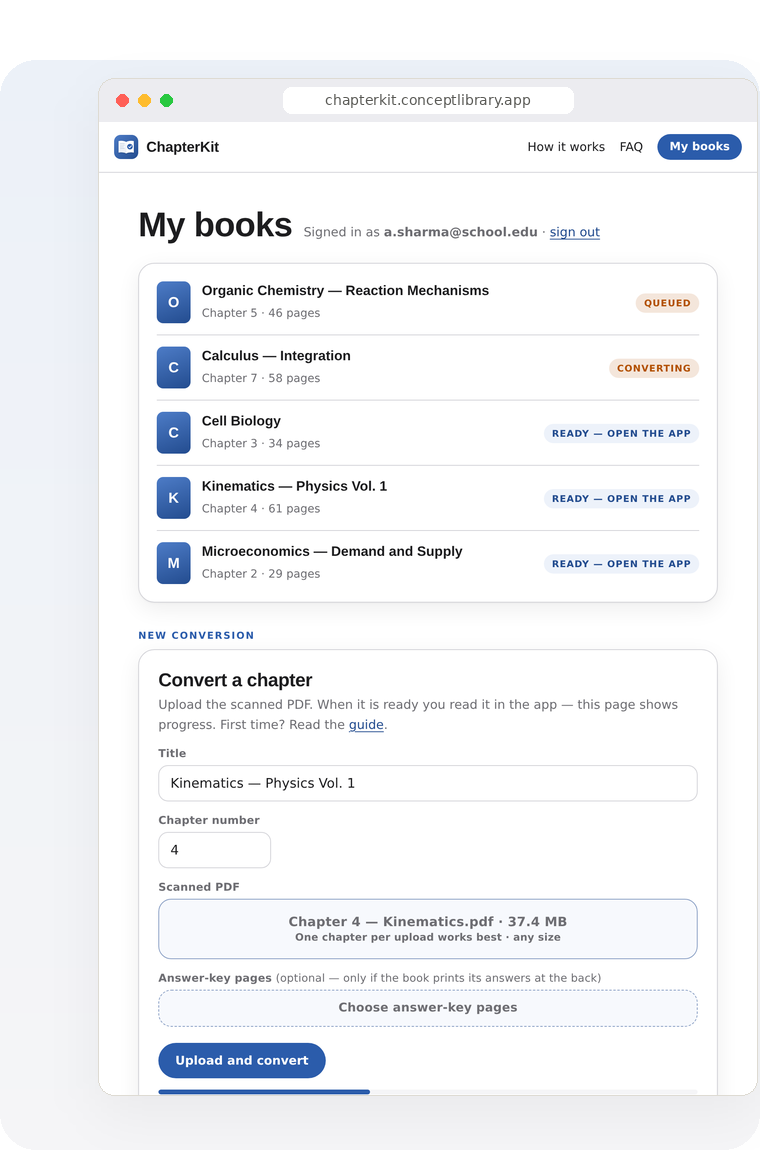 The upload form and the list of books with their status