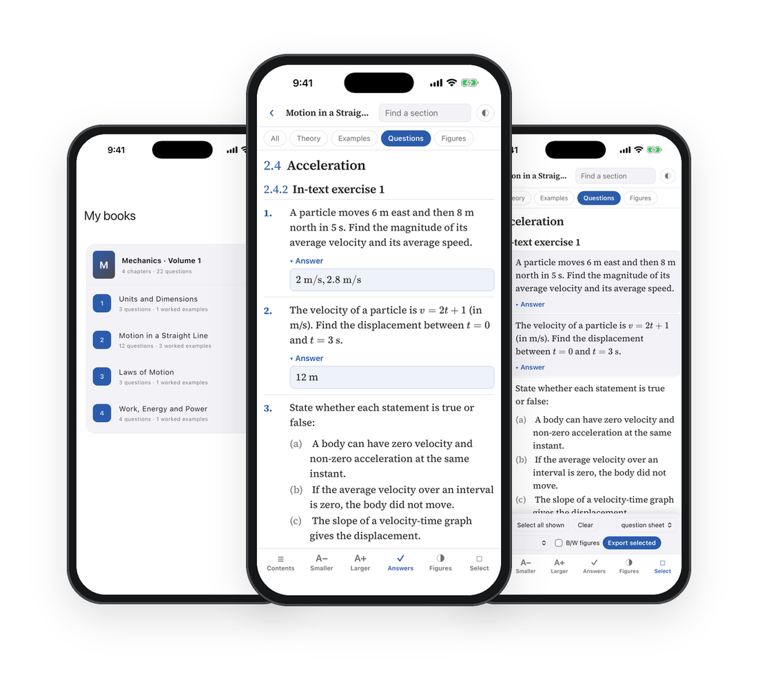 The ChapterKit app on iPhone: a library of books, a chapter with theory and figures, and a question sheet being selected
